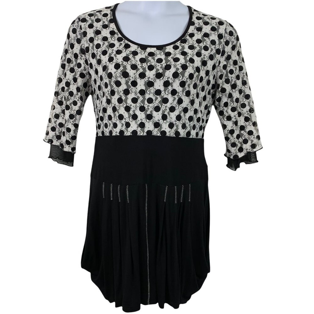Dzhavael Couture Size XL Dress Black White Polka Dot Pleated Drape Bottom